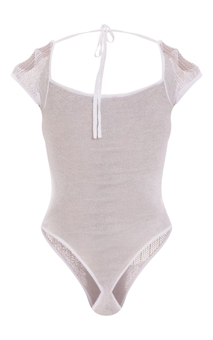 White Sheer Knit Cut Out Panelled Bodysuit