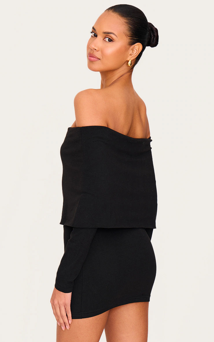 Black Cotton Super Oversized Bardot Mini Dress