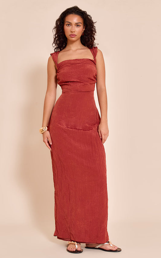 Rust Textured Knot Strap Detail Maxi Dress
