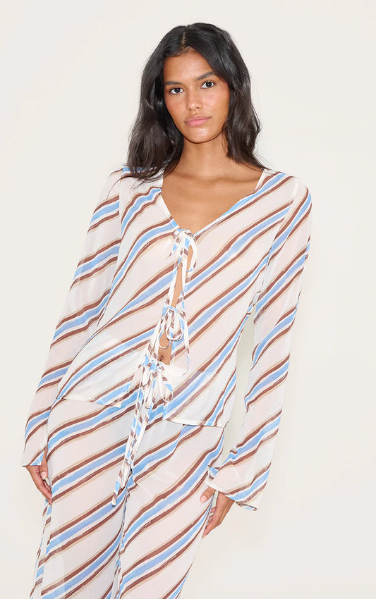 Blue Stripe Tie Detail Floaty Long Top