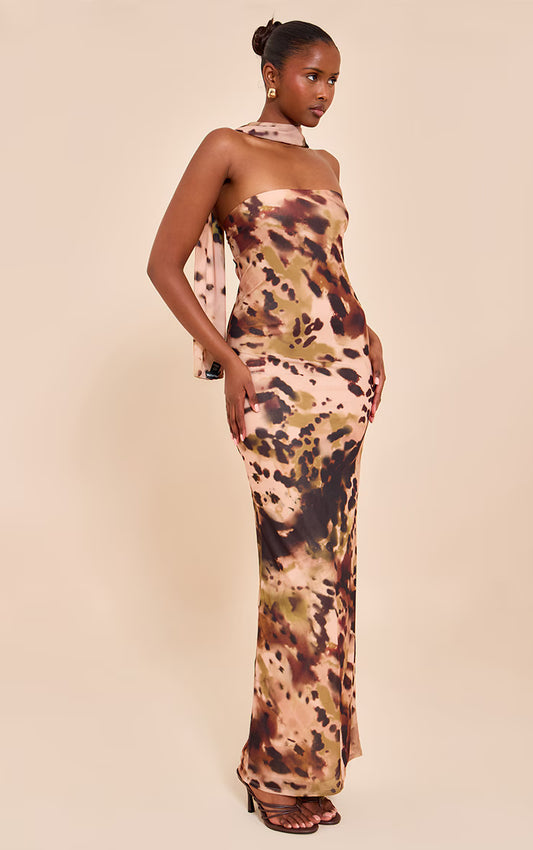 Pink Printed Bandeau Scarf Detail Maxi Dress