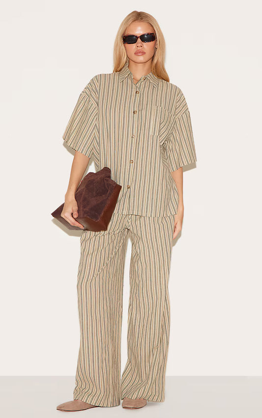 Green Pinstripe Drawstring Straight Leg Pants