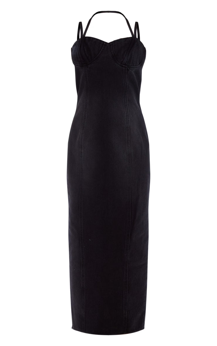 Petite Washed Black Denim Strappy Cup Detail Midaxi Dress