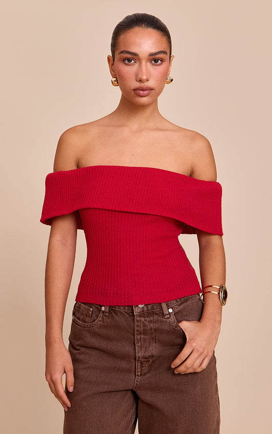 Red Textured Fold Over Detail Bardot Top