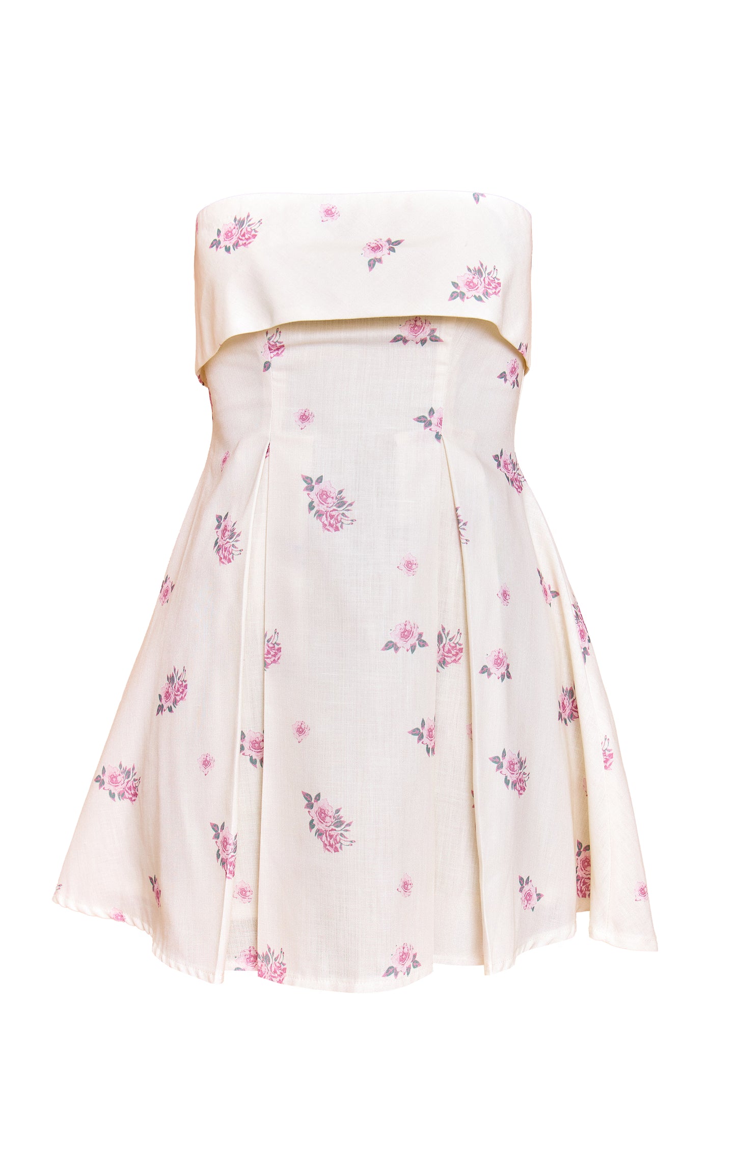 Pink Floral Printed Linen-Blend Bandeau Fold Over Shift Dress