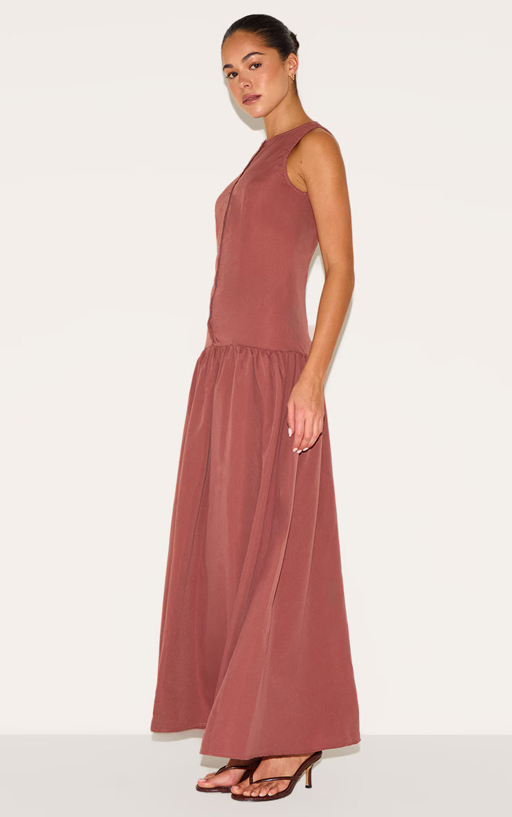 Rust Button Down Drop Waist Maxi Dress