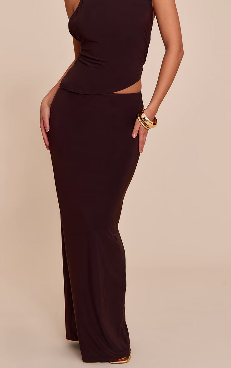 Chocolate Brown Slinky Mid Rise Maxi Skirt