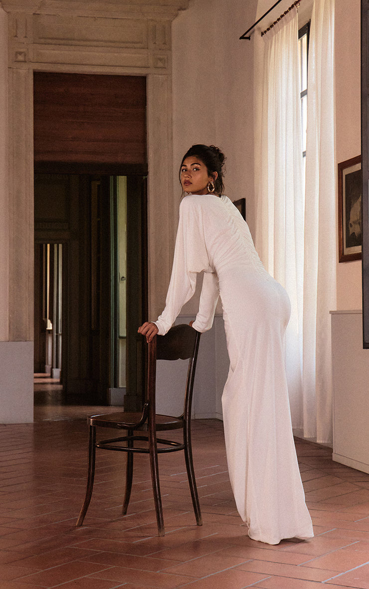 PLT Label White Slinky Ruched Plunge Batwing Maxi Dress