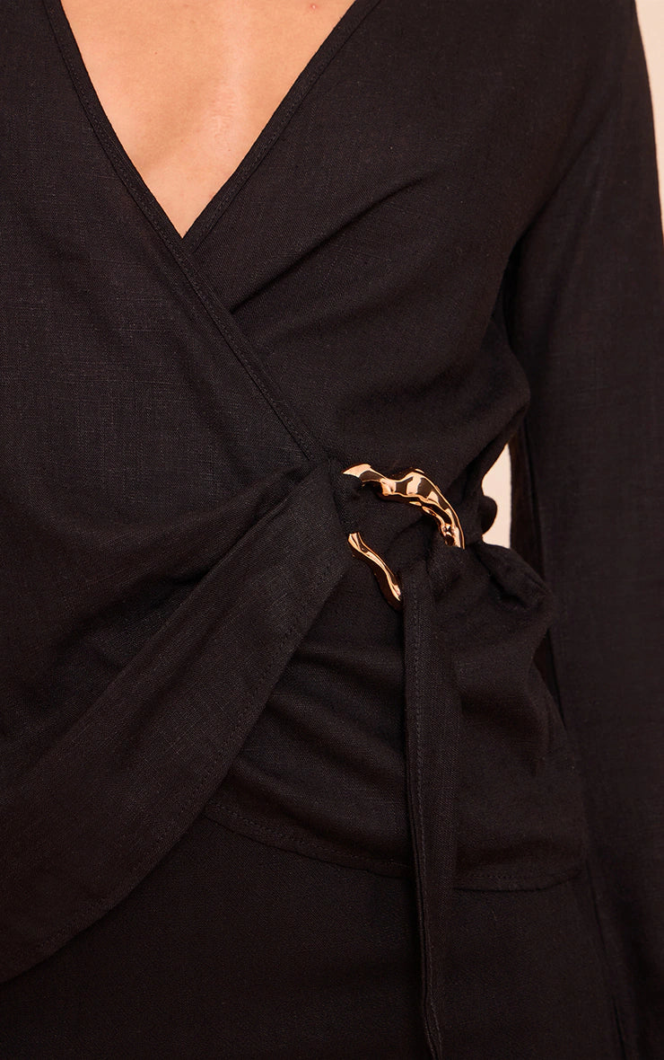 Tall Black Lightweight Woven Wrap Trim Tie Top