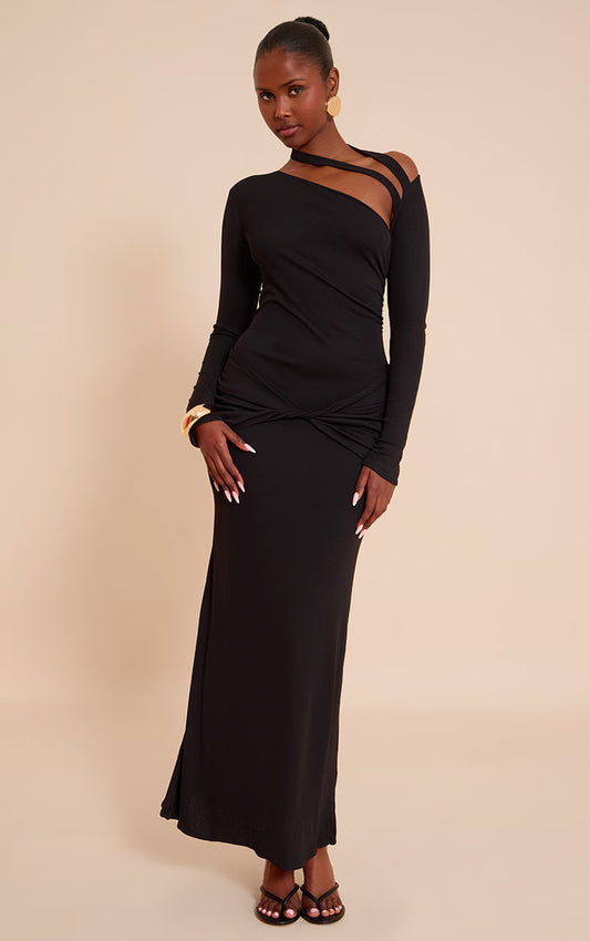 Black Burnout Mesh Ruched Asymmetric Maxi Dress