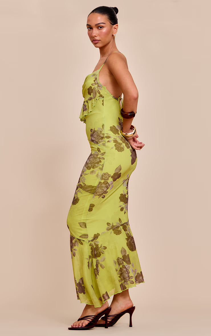 Green Floral Mesh Frill Cowl Back Maxi Dress