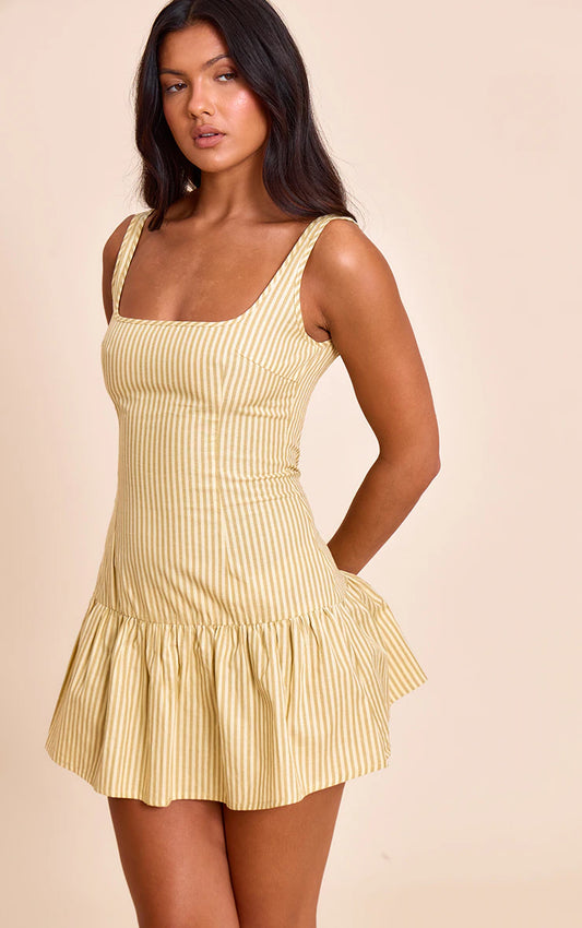 Lemon Striped Sleeveless Straight Neck Shift Dress