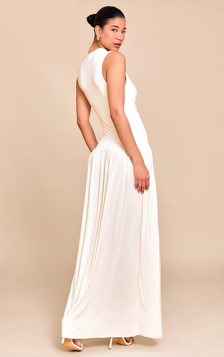 Cream Double Layer Soft Touch Drop Waist Ruched Maxi Dress