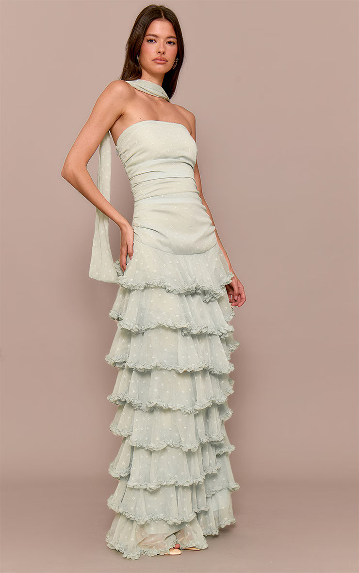 Sage Green Chiffon Tiered Frill Maxi Dress
