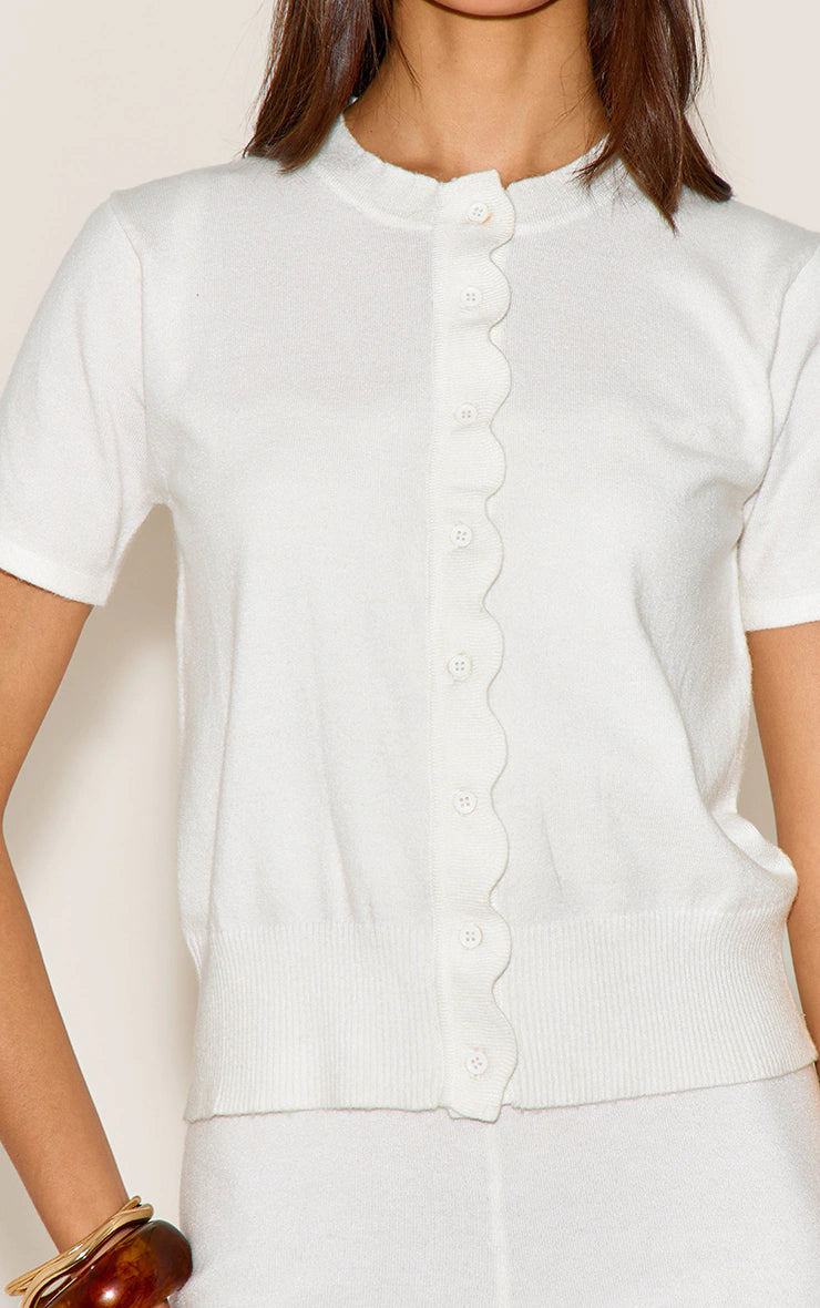 White Soft Knit Scallop Hem Fitted Cardigan