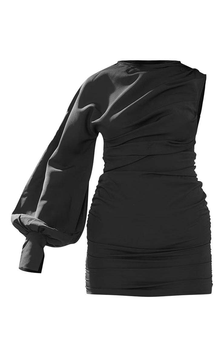 Black One Sleeve Ruched Woven Bodycon Dress