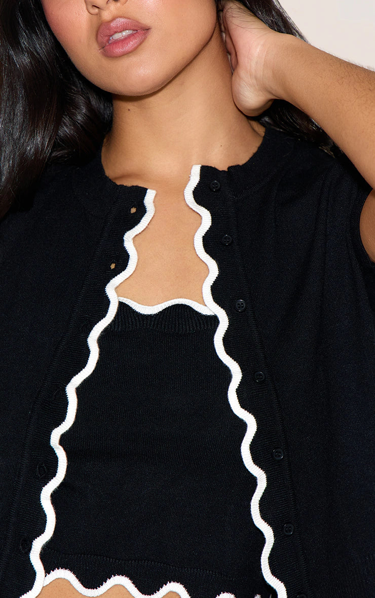 Black Contrast Soft Knit Scallop Hem Fitted Cardigan
