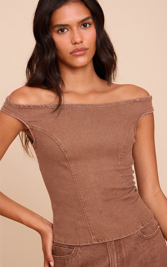 Brown Off The Shoulder Stretch Denim Top