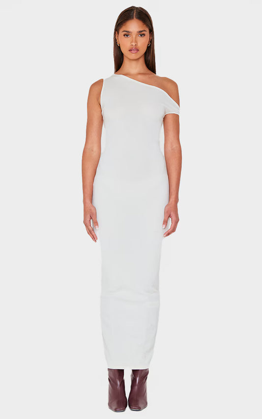 Cream Ribbed Asymmetric Sleeveless Maxi Dress