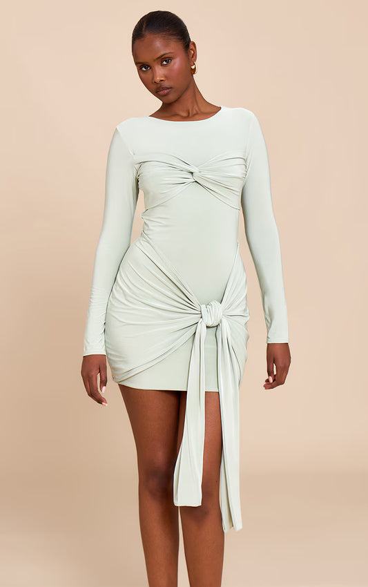 Sage Slinky Long Sleeve Wrap Twist Detail Mini Dress