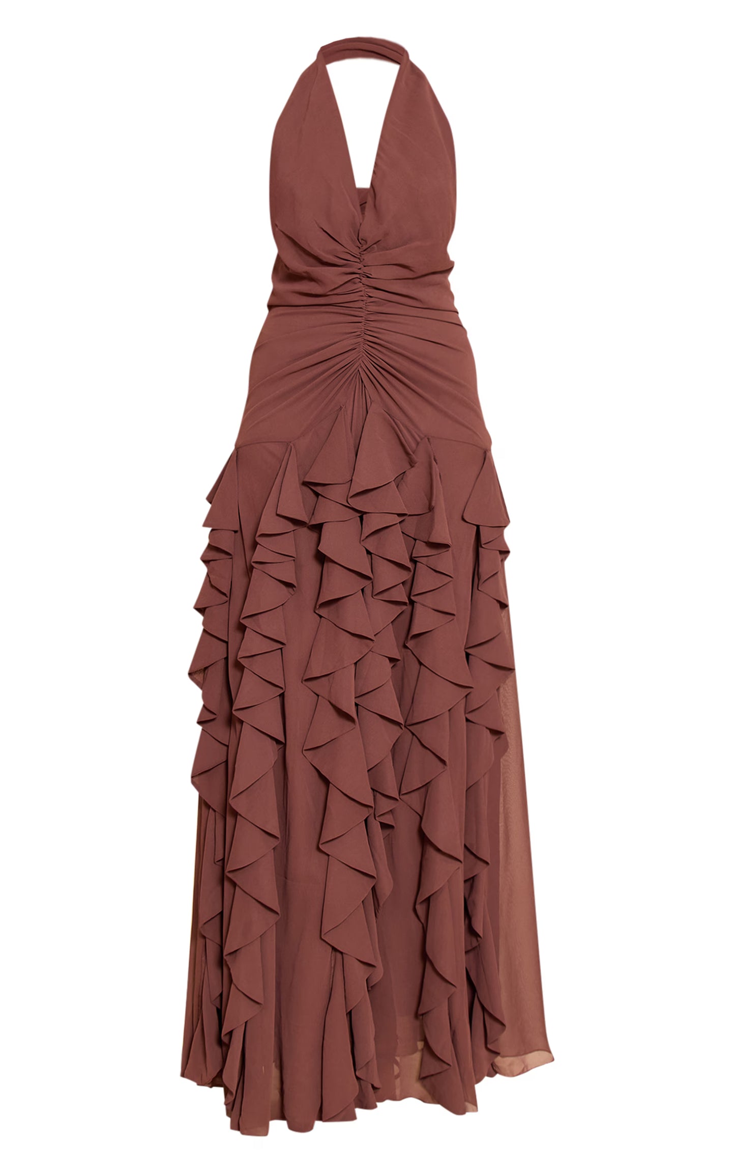 Chocolate Plunge Ruched Frill Detail Maxi Dress