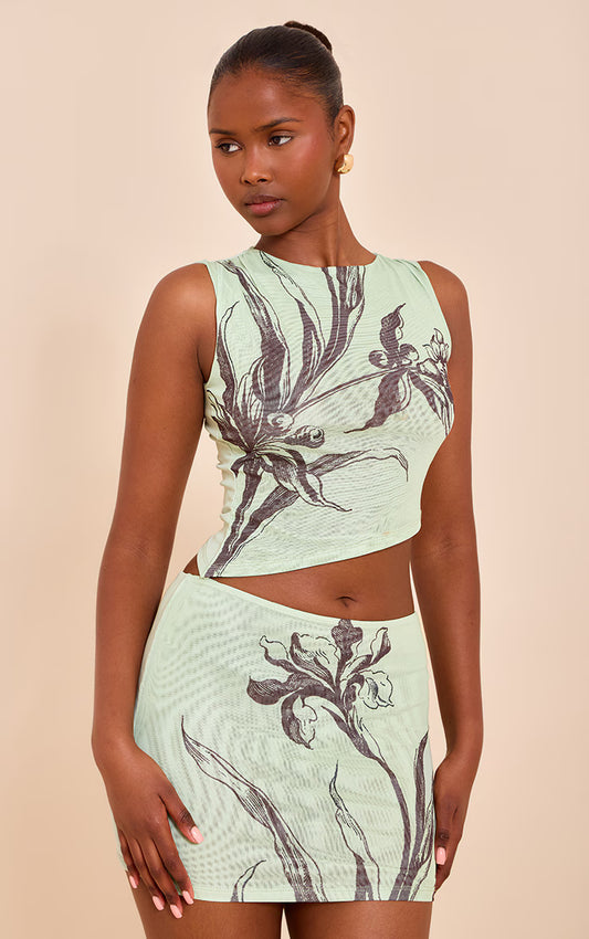 Mint Floral Printed Lined Mesh Mini Skirt