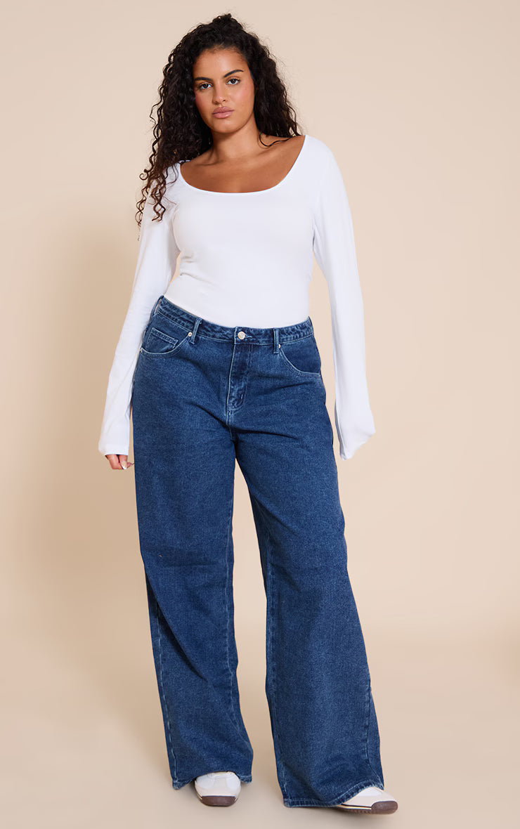Plus White Soft Cotton Scoop Neck Long Sleeve Bodysuit