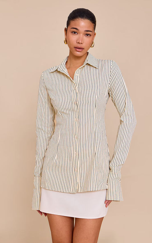 Beige Striped Woven Fitted Shirt