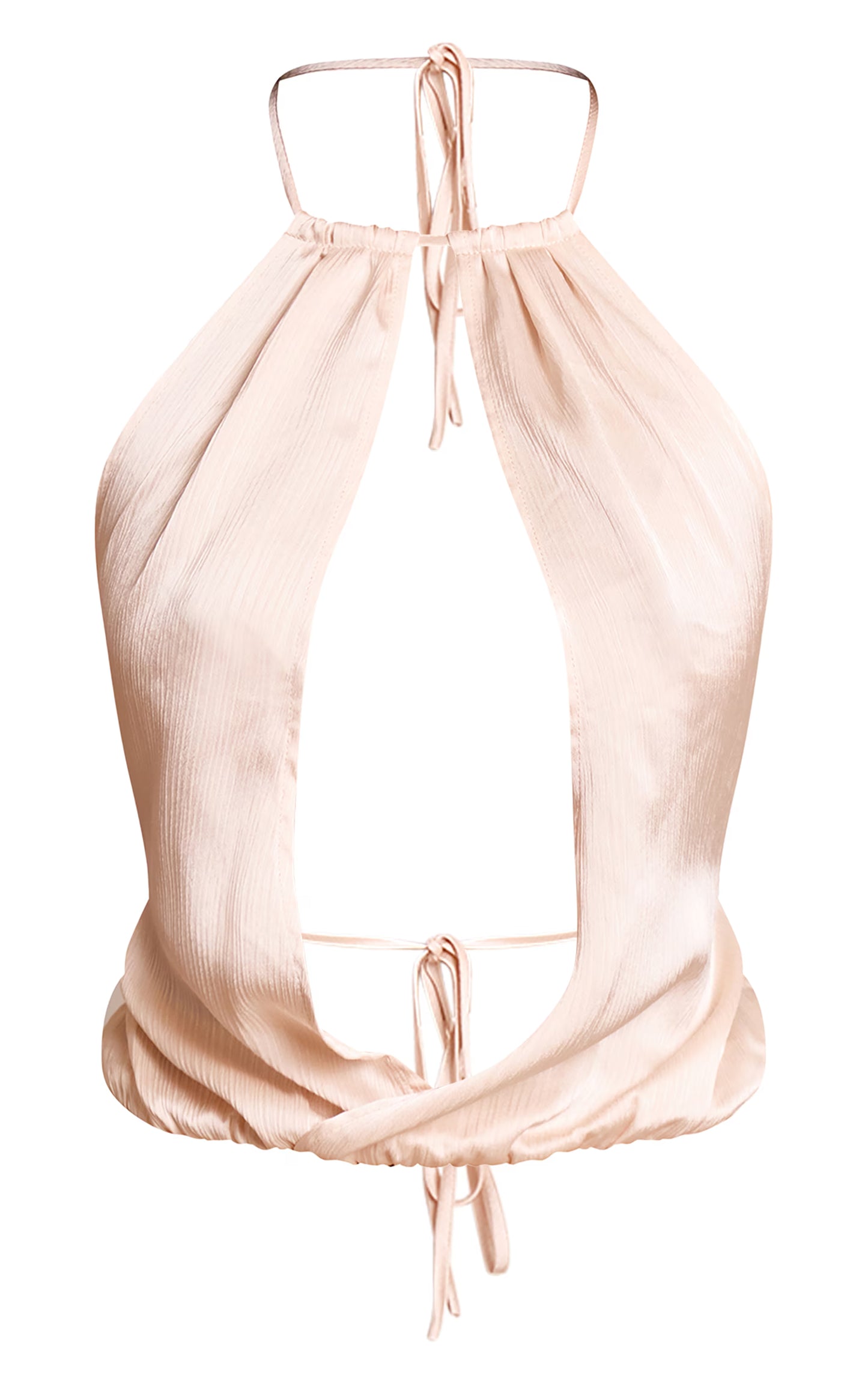 Cream Crinkle Satin High Neck Plunge Cowl Sleeveless Top