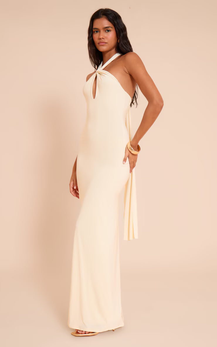 Almond Slinky Keyhole Detail Sleeveless Maxi Dress
