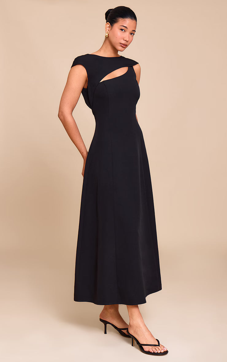 Black Asymmetric Cut Out Detail Midaxi Dress