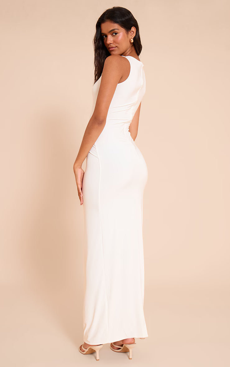 Cream Slinky Gold Trim Sleeveless Maxi Dress