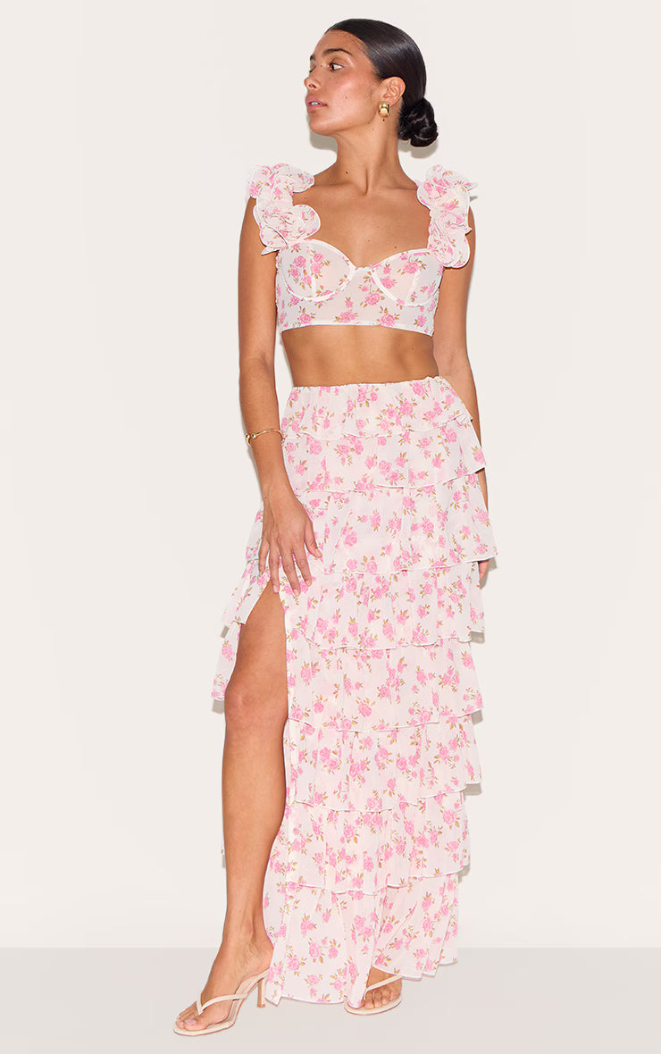 Petite Multi Floral Ruffle Crop Top