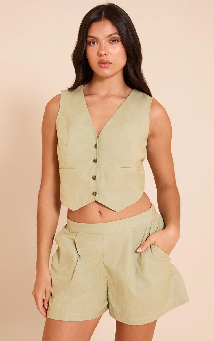 Sage Green Linen Look Oversized Detail Floaty Short