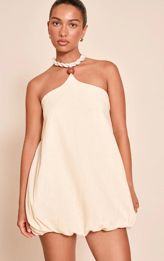 Cream Chiffon Halterneck Puffball Mini Dress