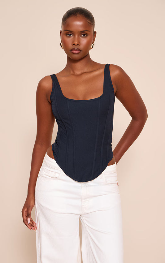 Navy Boned Dip Hem Longline Corset