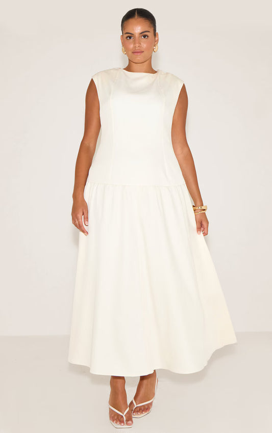 Plus Cream Woven Boat Neck Dropped Waist Maxi Dress