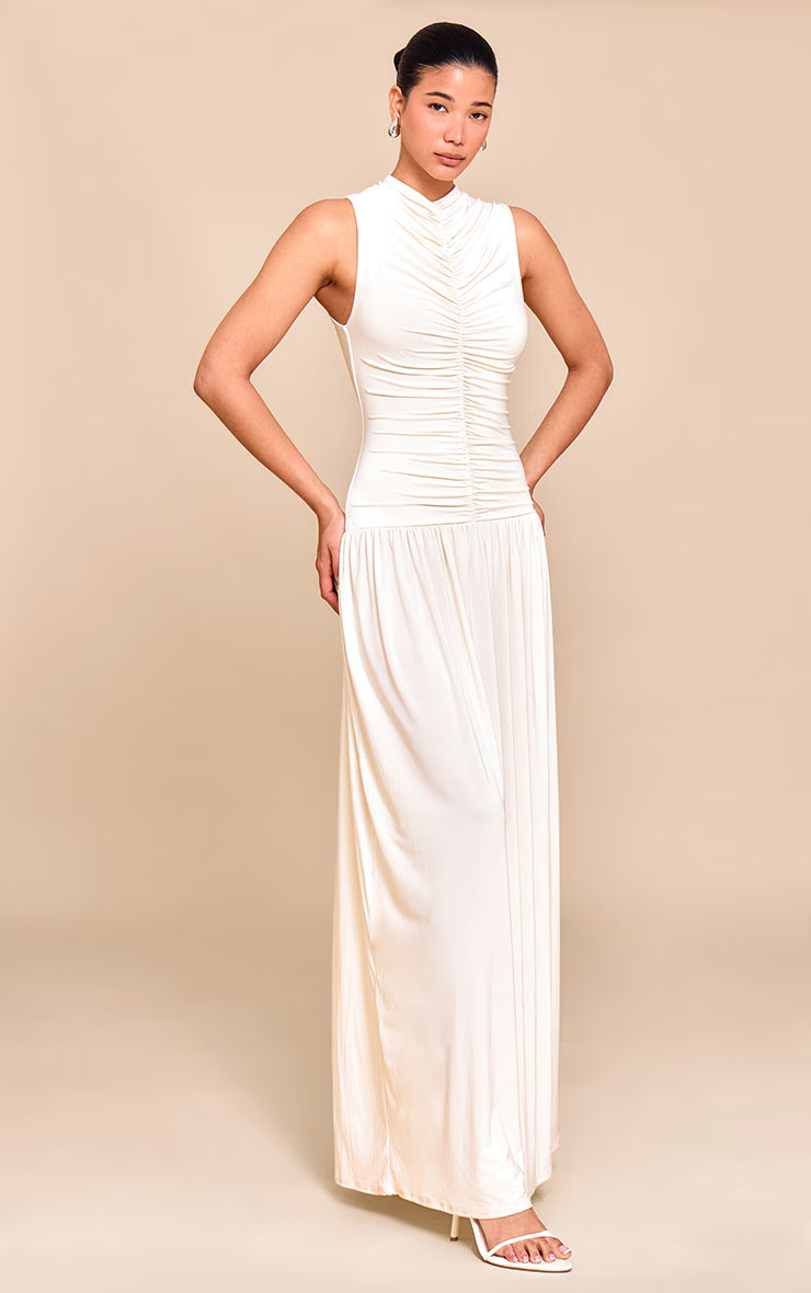 Cream Double Layer Soft Touch Drop Waist Ruched Maxi Dress