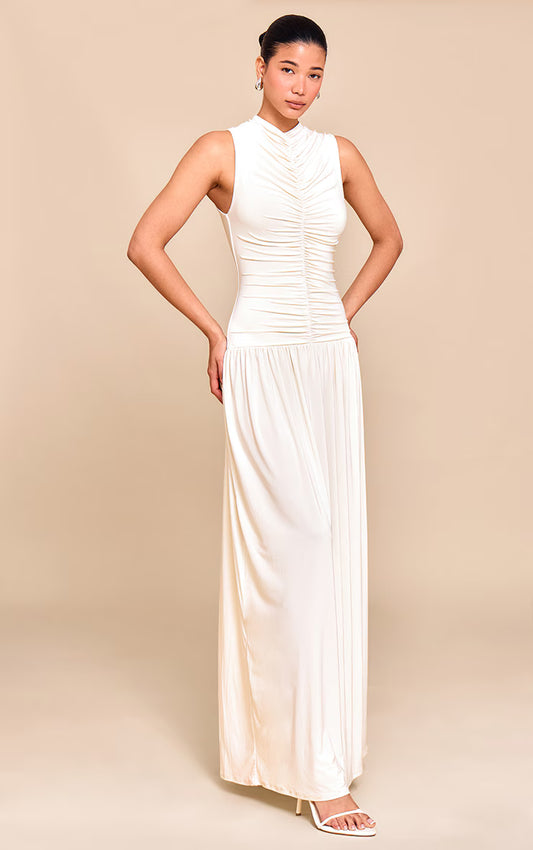 Cream Double Layer Soft Touch Drop Waist Ruched Maxi Dress