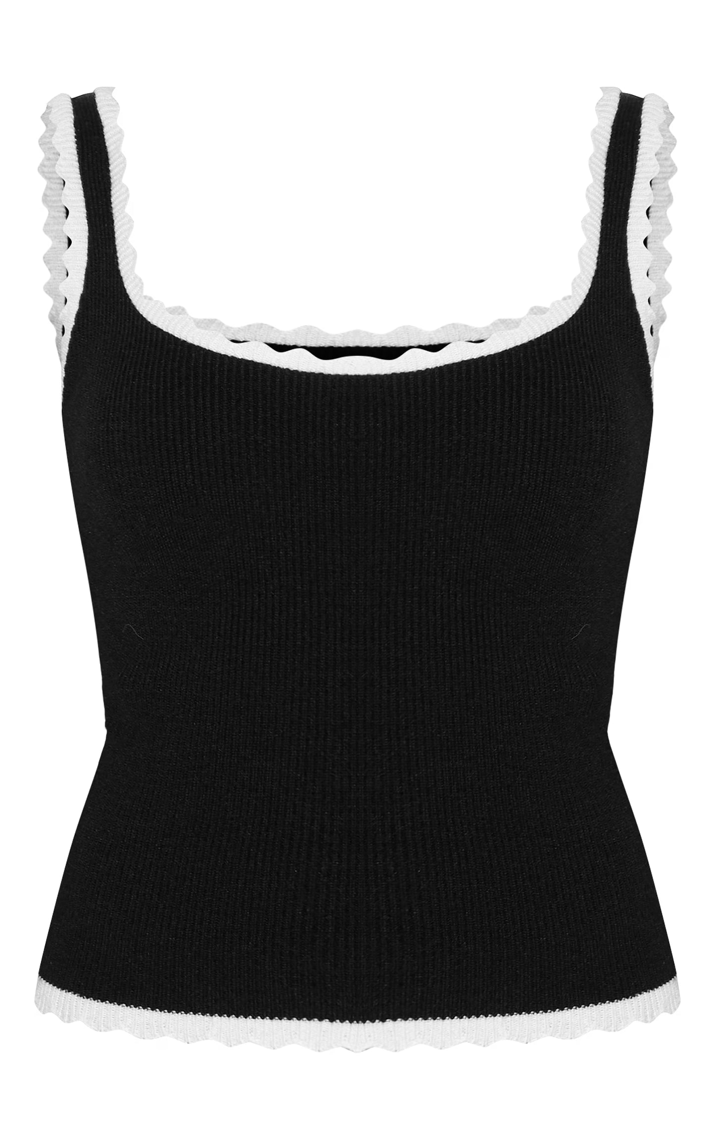 Petite Black Knitted Scallop Edge Scoop Tank Top
