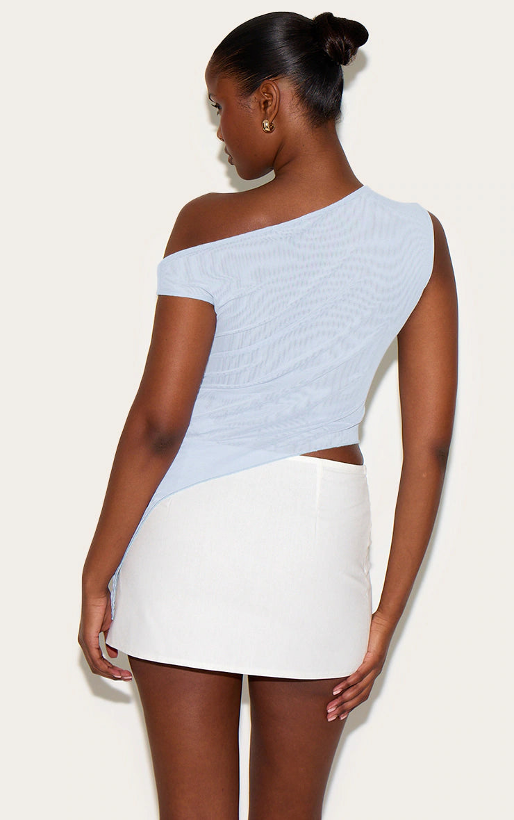 Sky Blue Double Layer Asymmetric Neck Mesh Top