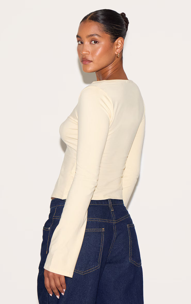 Almond Asymmetric Button Down Detail Long Sleeve Top