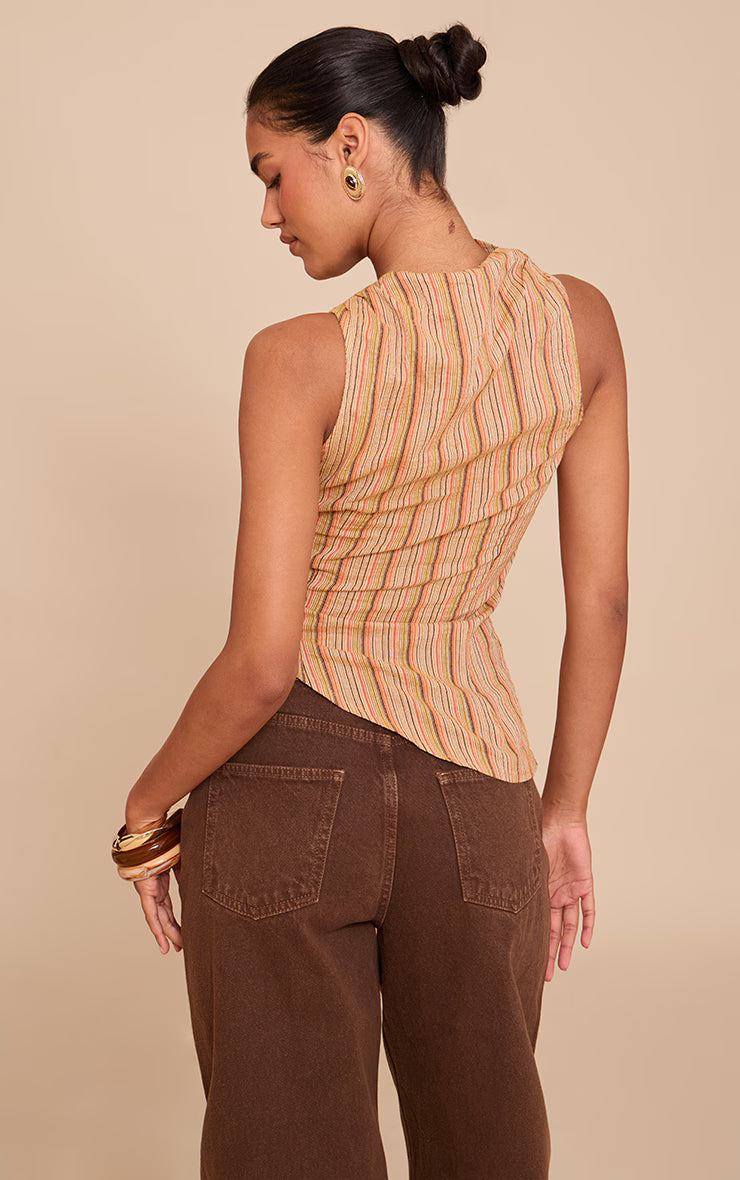 Orange Linen Look Striped Asymmetric Top