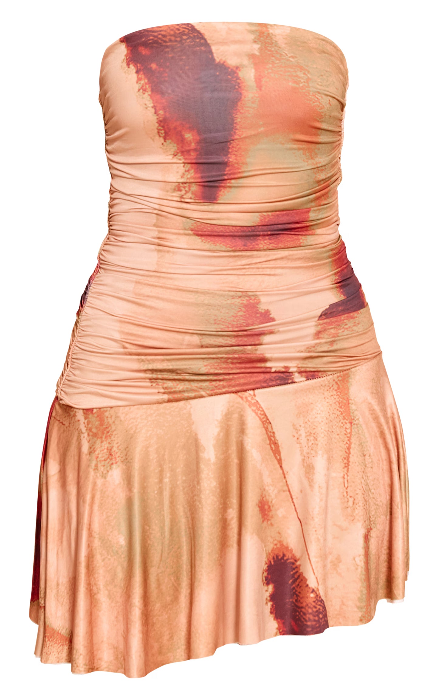 Nude Floral Double Layer Slinky Bandeau Ruched Shift Dress