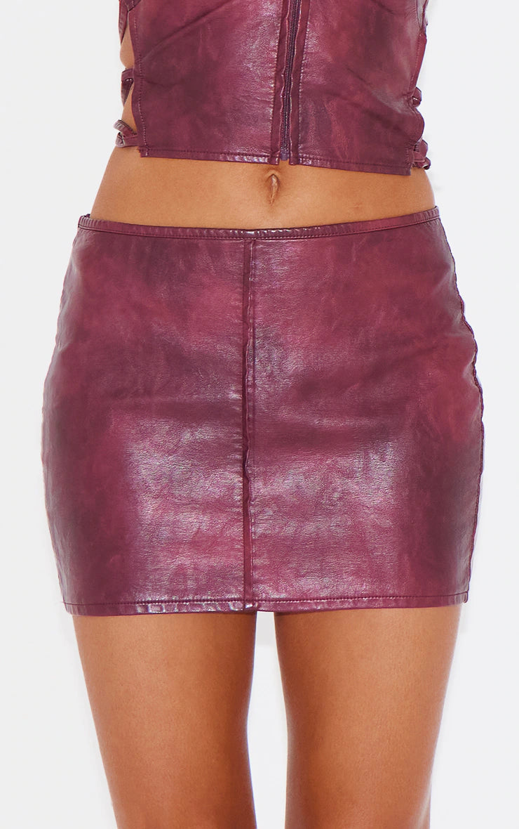Burgundy Washed Faux Leather Seam Detail Low Rise Micro Mini Skirt