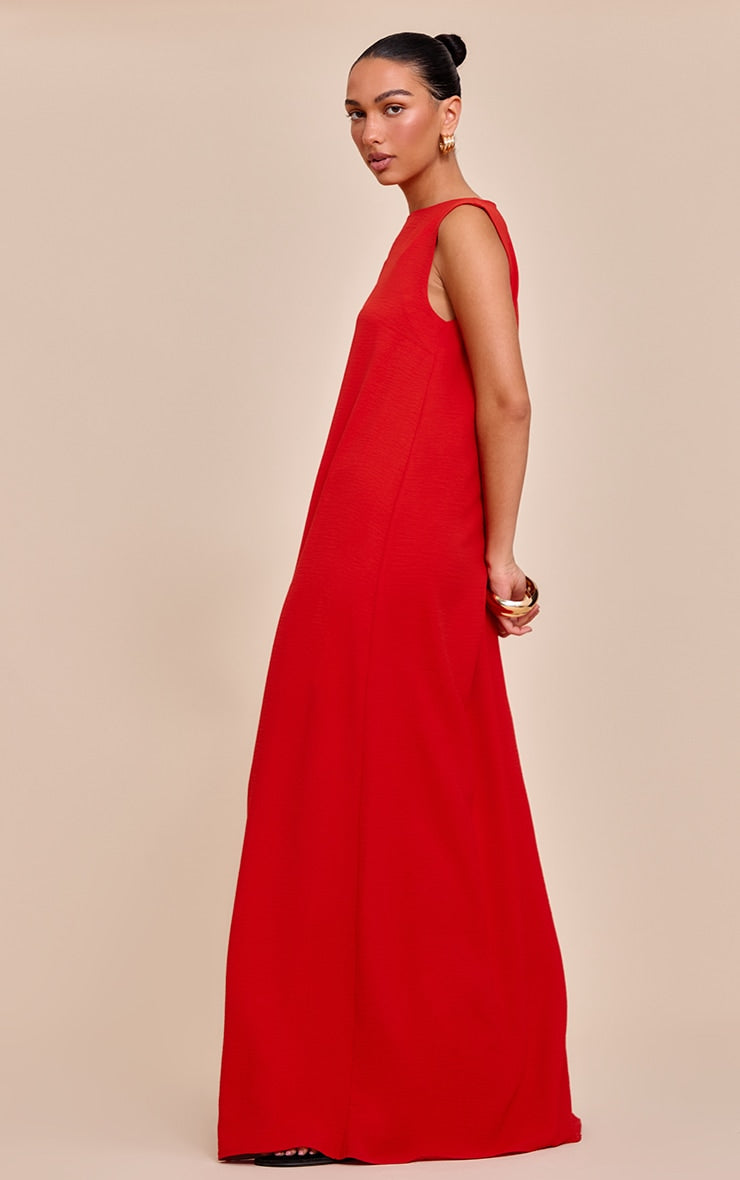Red Textured Boat Neck Sleeveless Maxi Dress
