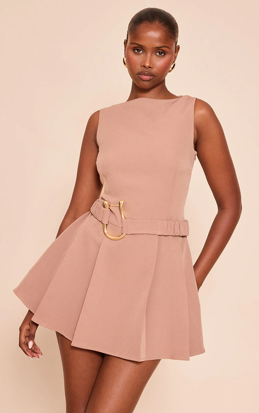 Beige Woven Belt Detail Pleated Shift Dress