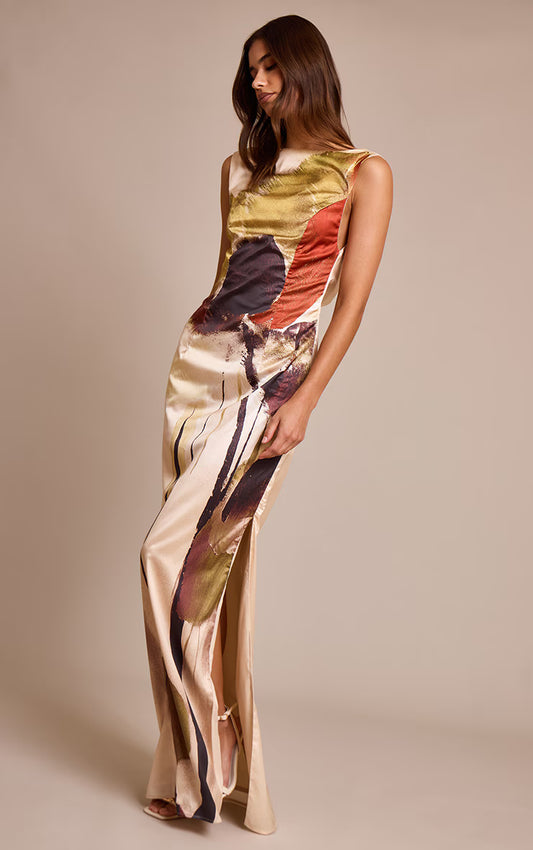 Cream Floral Printed Satin Maxi Dress