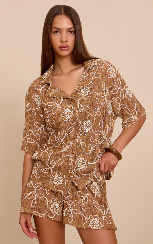 Tan Embroidered Floral Floaty Shorts