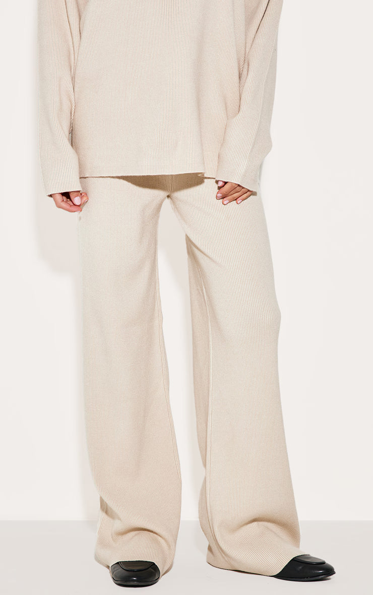 Oatmeal Light Rib Knit Wide Leg Pants